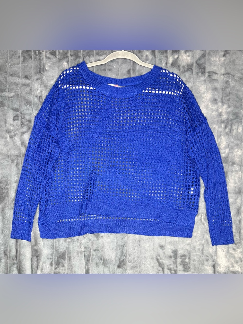 Miln Royal Blue Open Knit Crochet Sweater M/L Sheer Mesh Long Sleeve Boho Y2K